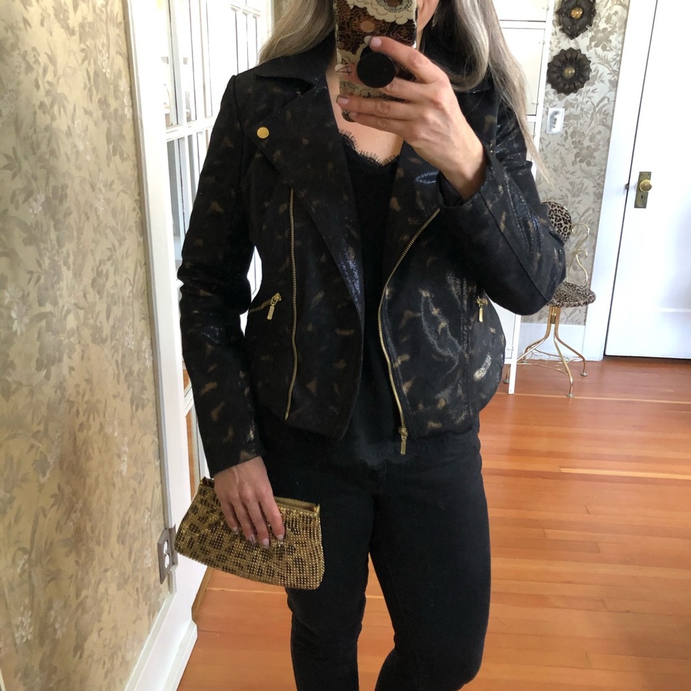 Black & Gold Faux Leather Moto Jacket L